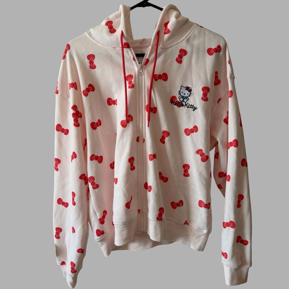 Sanrio Hello Kitty-Pink Zip-Up Hoodie Red Bow All-Over Print Women’s Medium